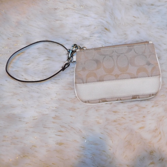 Coach Handbags - COACH Canvas Tan & White Signature Coach Wristlet